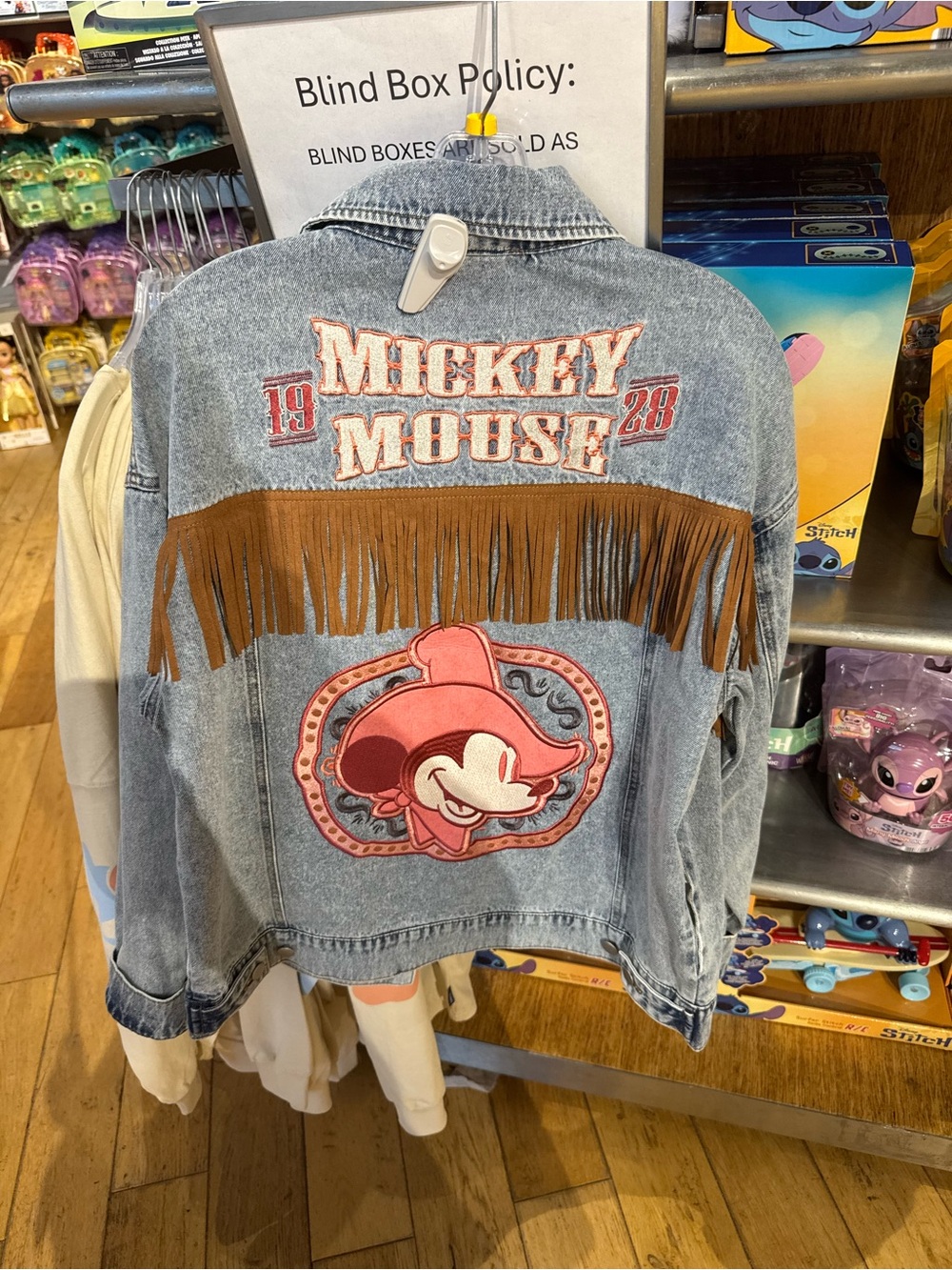 Disney Light Blue Denim Jacket with Pink Mickey Patch & Brown Fringe